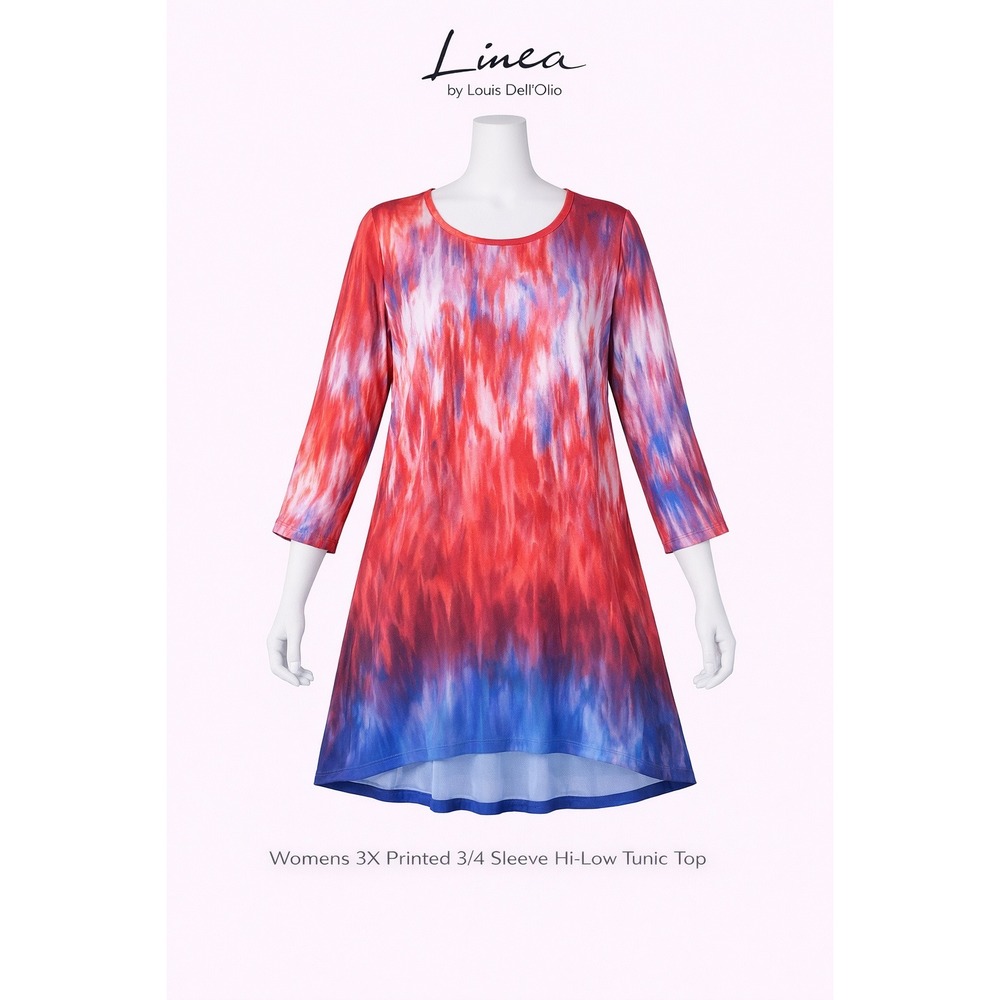 Linea by Louis Dell'Olio Red Blue Printed 3/4 Sleeve Hi-Low Tunic Top 3X A263353